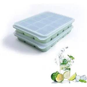 Ice Cube Trays Set of 2, Easy Release 15 Flexible Silicone Ice Cube Molds with Removable Lid Reusable Freezer Ice Trays Stackable for Whiskey, Baby Food, BPA Free (BAMBOO GREEN)