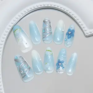 Elegant Ice Blue Gradient Floral Design, Sparkling Metal Lines, Glitter Rhinestones, Detachable Wearable Armor, Style Fairy Wind Accessory, Glitter Decorative Nails, Flower Design Nails