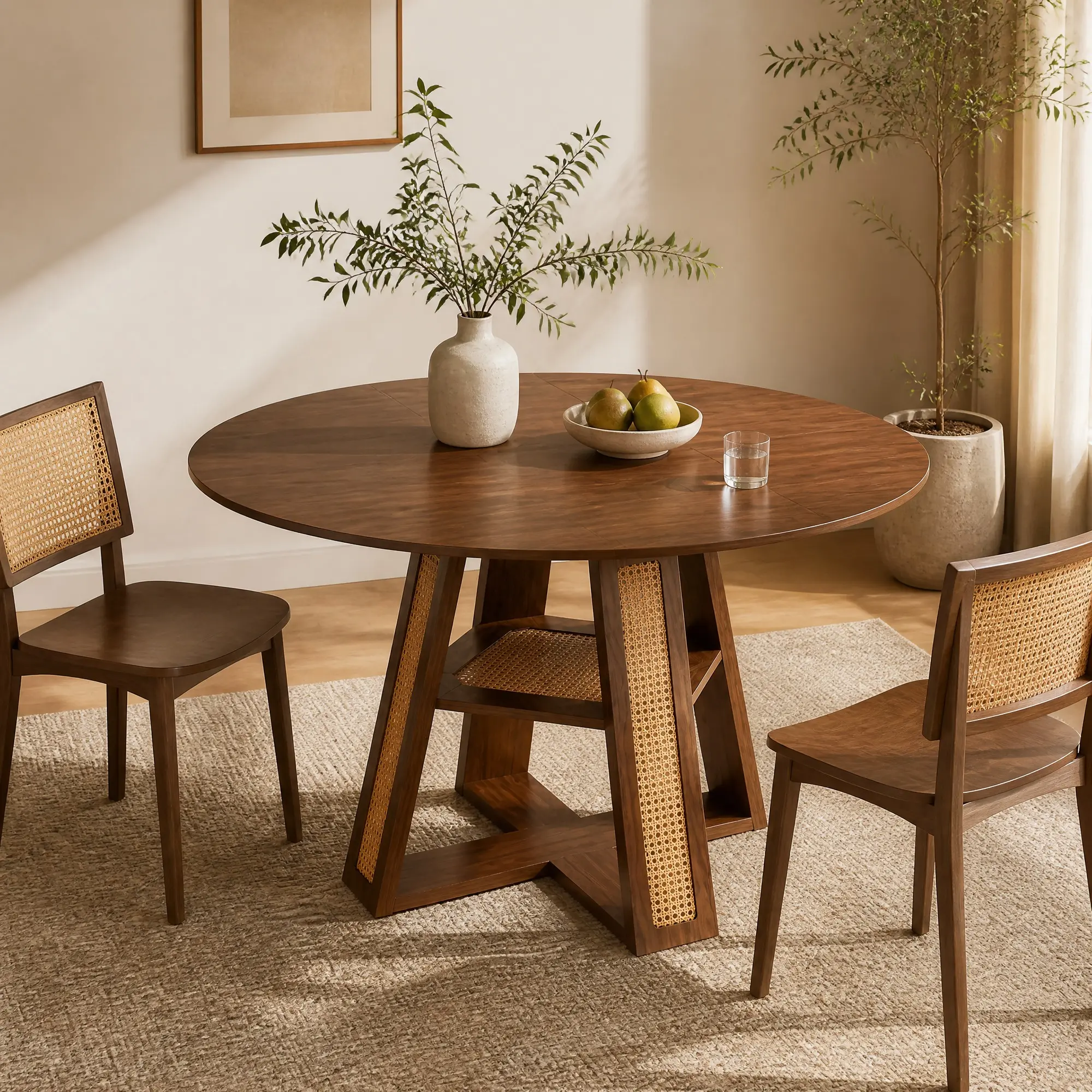 Extendable Round Dining Table (43.3"-59" Adjustable Size) with Removable Leaf, Cross-Shaped Pedestal Base & Storage Shelf, Walnut/Natural Finish Farmhouse Home Decor for 4-6, Smart Compact Dining Room Furniture for Natural Wood Home Aesthetic