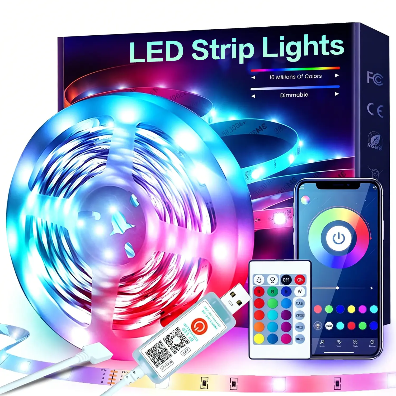 DAYBETTER 50-100ft LED Lights USB-Powered, RGB Strip Lighting for Bedroom/TV Backlight/Gaming Lighting, Color Changing Bluetooth Led Lights with Smart App Control, Music Sync Sound Reaction