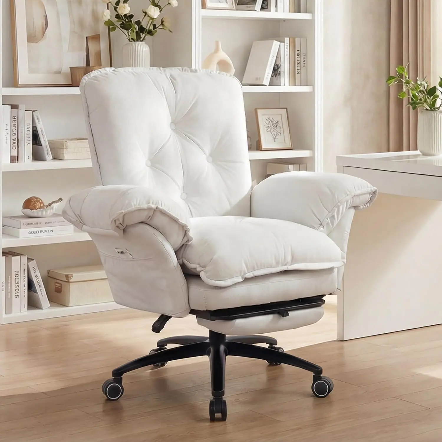 [SummerVibes] Vabches Criss Cross Chair with Adjustable Arms and Foot Rest, Wide Seat Reclining Office Chair with Wheels, Makeup Vanity Chair with Side Pockets, Comfy Velvet Cross Legged Desk Chair
