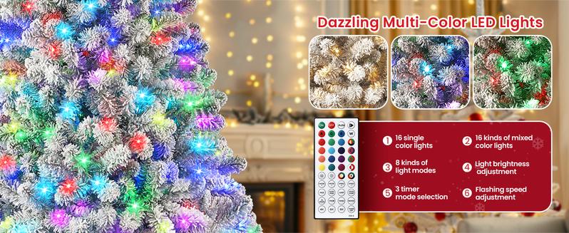 SHareconn 4/ 5/ 6/ 7.5/ 9/ 12FT Pre-Lit RGB Lights Snow Flocked Christmas Tree with Remote Control, Deluxe Hinged Design, Ideal Xmas Decoration