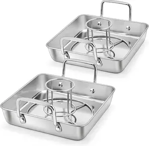 Beer Can Chicken Holder with Roasting Pan Set, 9-inch Stainless Steel Square Baking Pan and Chicken Rack For Grilling, Heavy Duty & Dishwasher Safe, 4Pcs