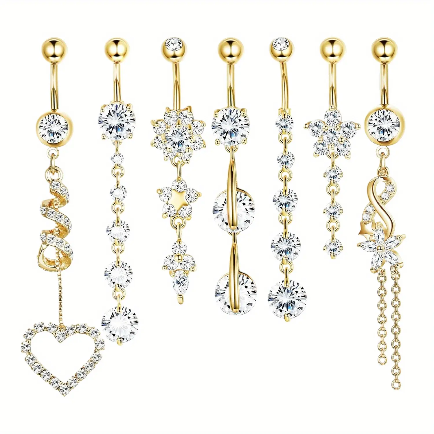 Women's 14g (1.6mm) 7PCS Golden Stainless Steel Hypoallergenic Curved Navel Bars Belly Button Rings Set - Rhinestones, Heart, Flower, Butterfly CZ Accents - 3/8 Inch Female Body Jewelry for Beach, Summer Outfits
