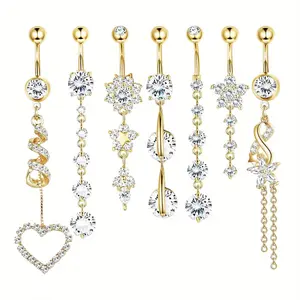 Belly Button Rings 7PCS Golden Curved Navel Barbell Set Stainless Steel Hypoallergenic with Rhinestone Heart-Shaped Flower & Butterfly CZ Inlay for Women's Summer Outfits