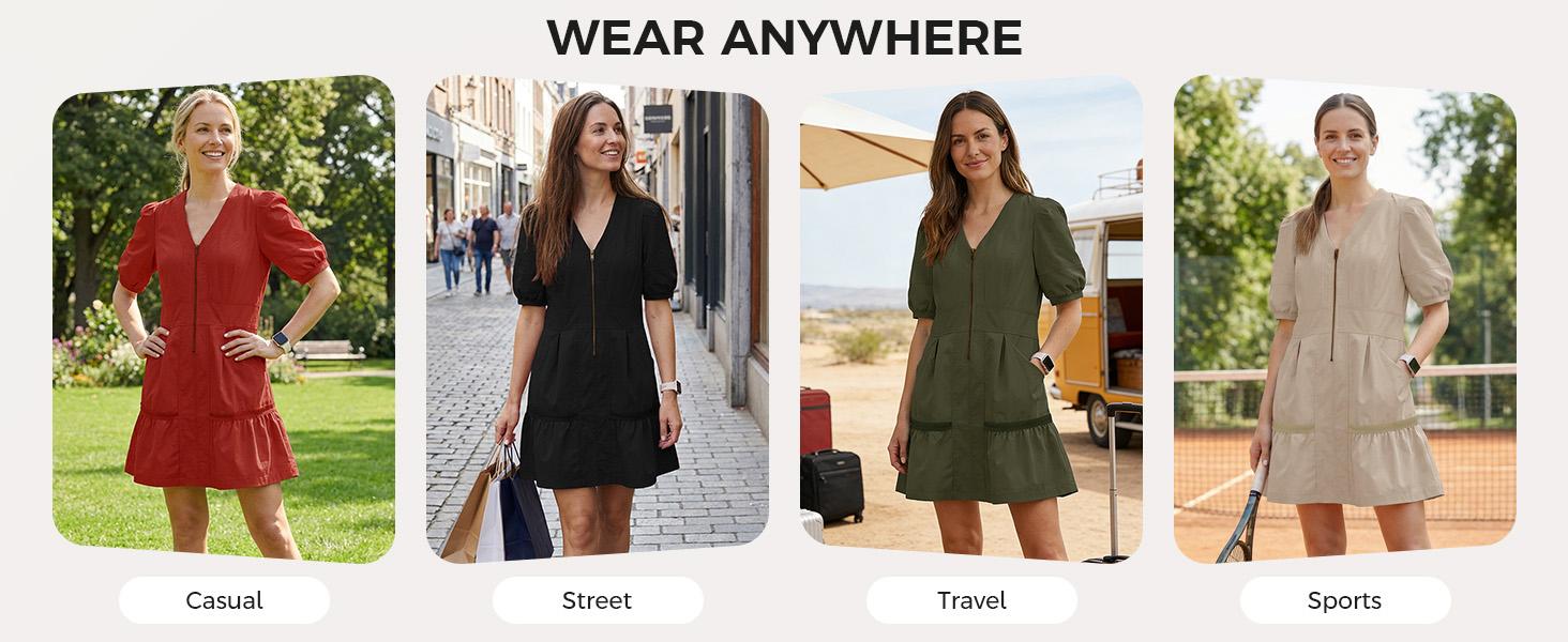 Fisoew Women Coral Mesh Cutout Puff Sleeve Mini Dress V Neck Zip Front Relaxed Fit Casual Summer Dress Breathable Lightweight Dress