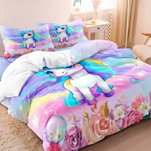 Cartoon Unicorn & Flower Print Duvet Cover Set, 3 Counts/set Including 1 Duvet Cover & 2 Pillowcase without Filler, Soft Comfortable Bedding Set for Home Bedroom, Floral Quilt Set