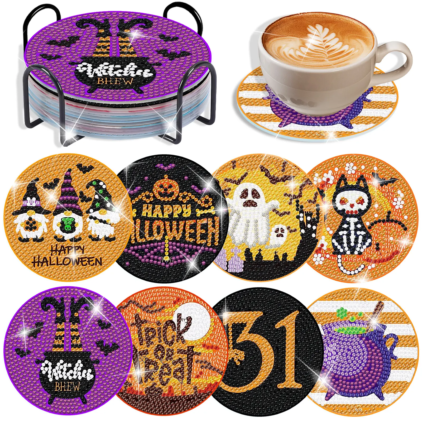 8-piece 5D Diamond Art Making Kit, Halloween DIY Diamond Painting Coasters, with tool kit, cork mat, and storage rack. Suitable for adult craft enthusiasts.