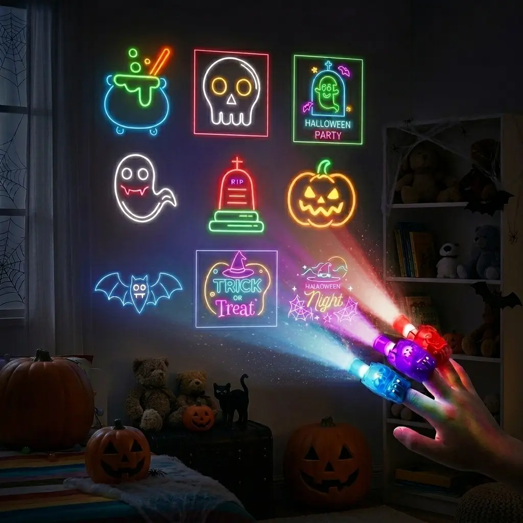 24Pcs LED Finger Projection Lights with Halloween Patterns, Spooky Glow Finger Flashlights Bulk, Kids Party Favors Goodie Bag Stuffers Classroom Prizes for Trick-or-Treat Halloween Party