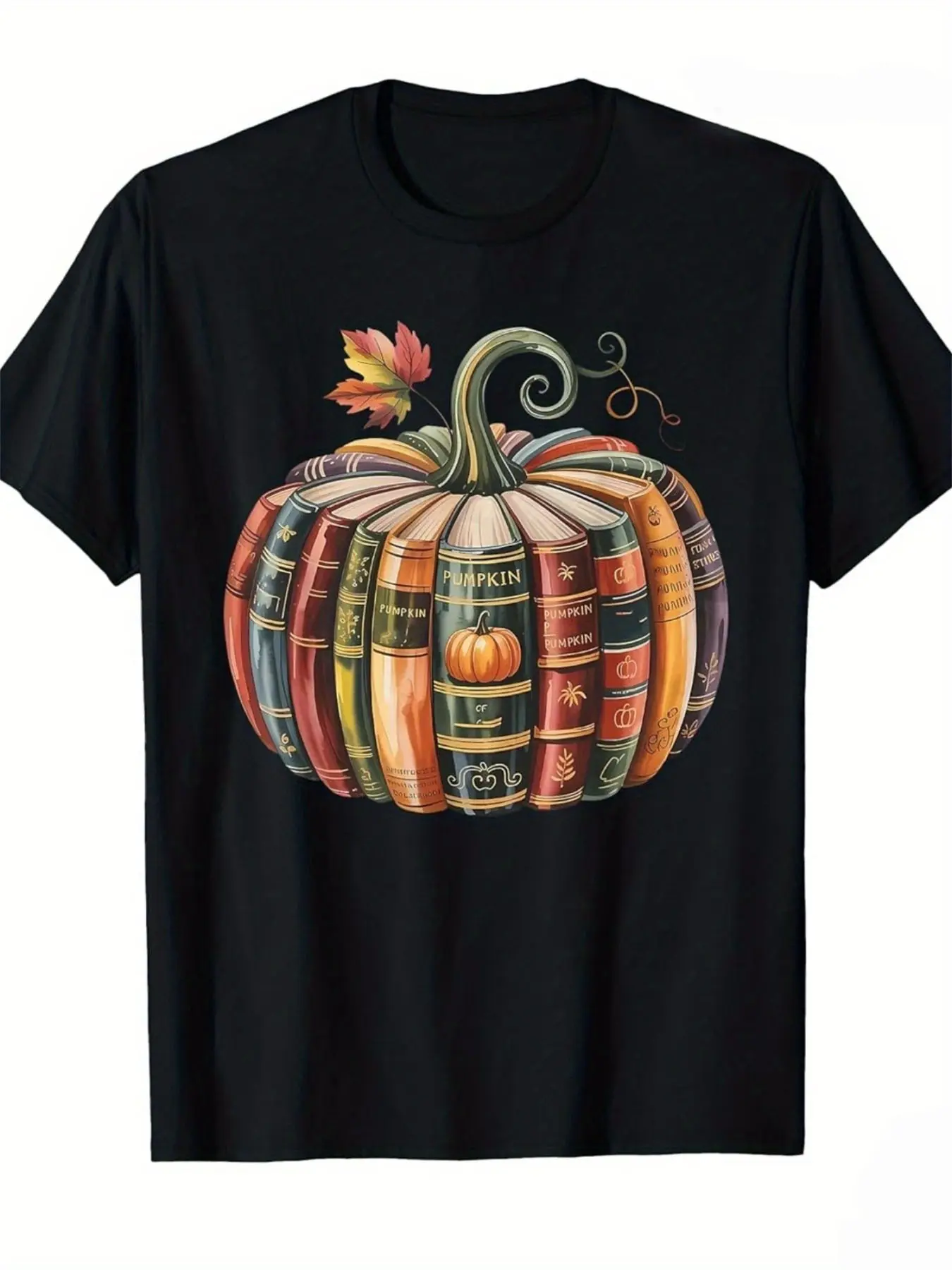 Vintage Book Stack Pumpkin Maple Leaf Fall Teacher Halloween Unisex Crew Neck T-Shirt