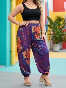 Plus Size Boho Bohemian Tie Dye Print Harem Pants – High Waisted Elastic Waist Loose Fit Jogger Pants for Vacation & Summer