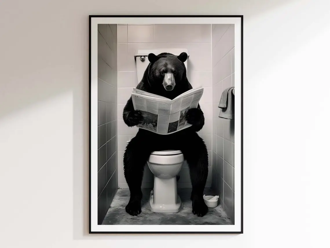 For Him Bathroom Wall Art Bear Reading Newspaper Animal Posters Funny Toilet Prints Poster Prints Decor Housewarming Gift For Her Lovers
