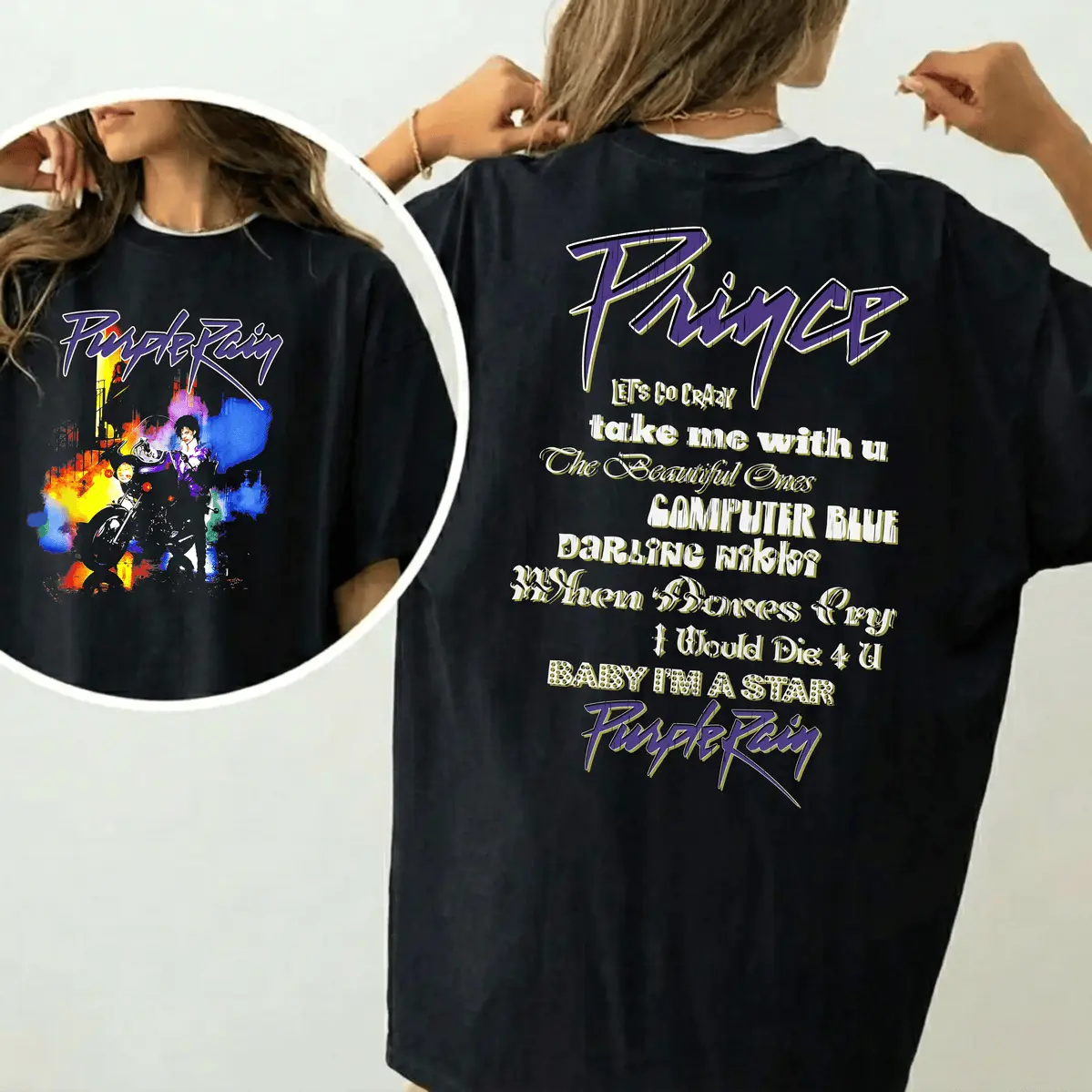 Officially Licensed Prince Purple Rain Unisex T-Shirt - Black, 100% Cotton, Front & Back Print Graphic Tops, Casual Clothes, Premium Everyday Men's & Women's Tee