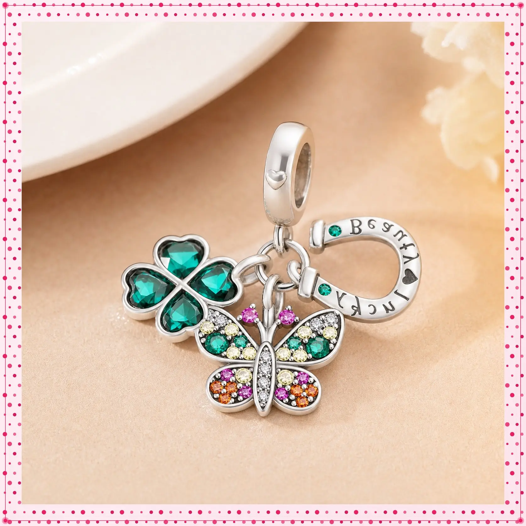 MULA Women's 925 Sterling Silver Lucky Dangle Charm - Butterfly, Clover, Horseshoe Personalized Charm Compatible with Pandora Bracelets & Necklaces, Jewelry for Women, Casual, Female, Charms & Pendants