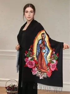 New Year's gift Women's Printed Shawl Wrap Scarf Elegant Tassel Fringe Polyester Warm Windproof for Party Gift