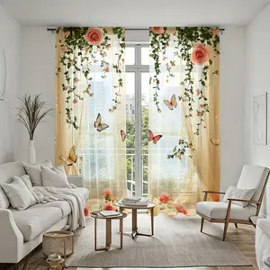 2Pcs Romantic Rose Butterfly Printed Sheer Curtains, Modern Design Voile Panels with Rod Pockets, Semi-sheer Window Treatment for Living Room, Bedroom, Dining, Home Decor, Durable Coverings, Stylish Divider, Window Hanging