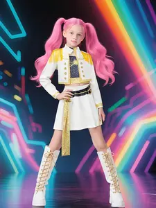 Sparkling Pop Singer 3pcs Stage Outfit For Girls Long Sleeve Coat Vest Top & Shorts Shiny Dance Costume Perfect For Halloween Christmas Parties K Pop Inspired Performance Wear Comfortable Regular Fit Great For Stage Performances Themed Events