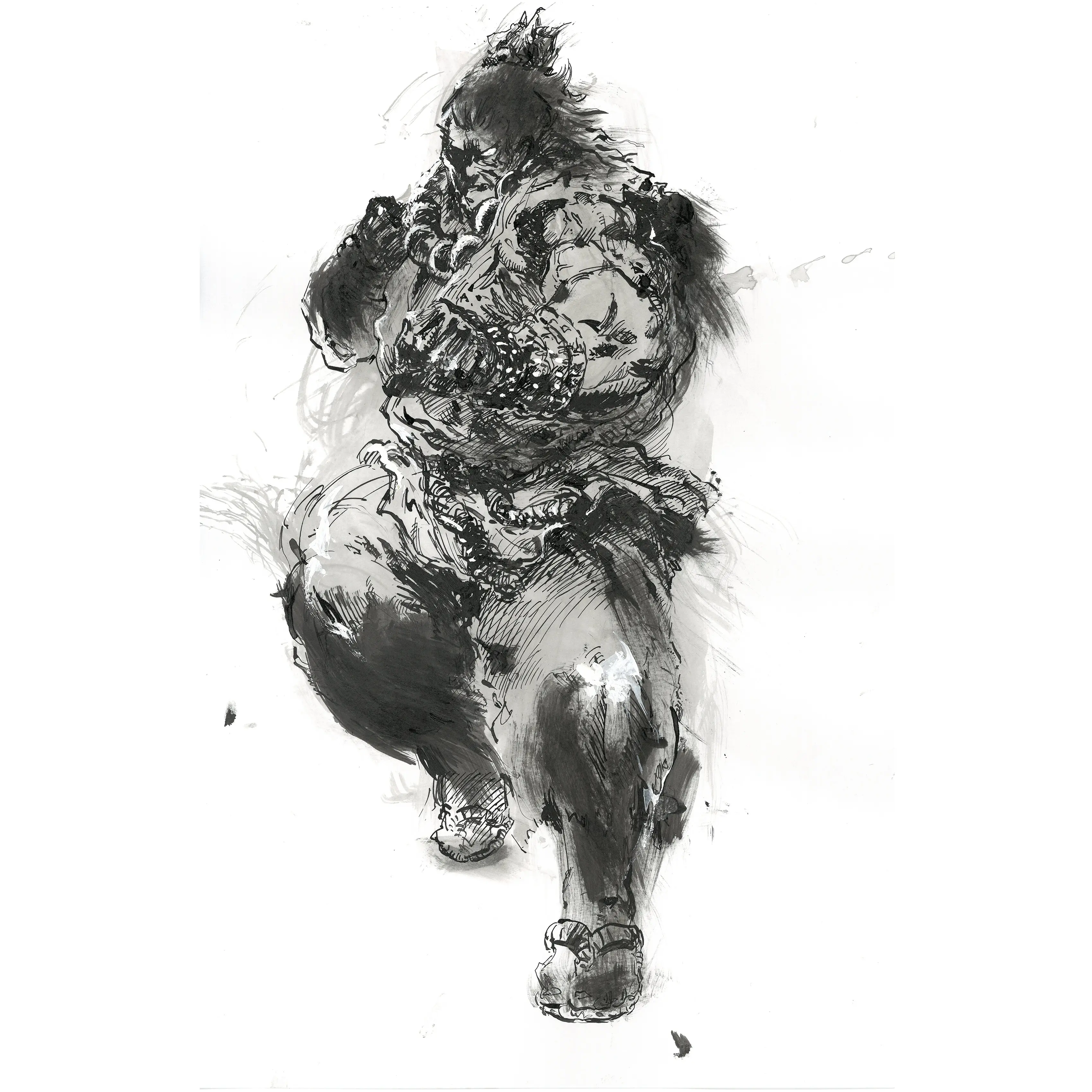 Capcom Street Fighter Akuma Ink Art Print 12x18 - Original Drawing of Gouki in Motion Raging Demon Attack by Capcom for Anime and fighting game fans