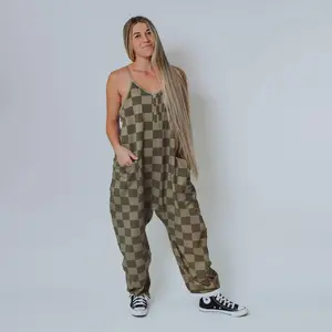 Women's olive monochrome checkered vest jumpsuit - comfortable and stylish - adjustableRAIMENTRY