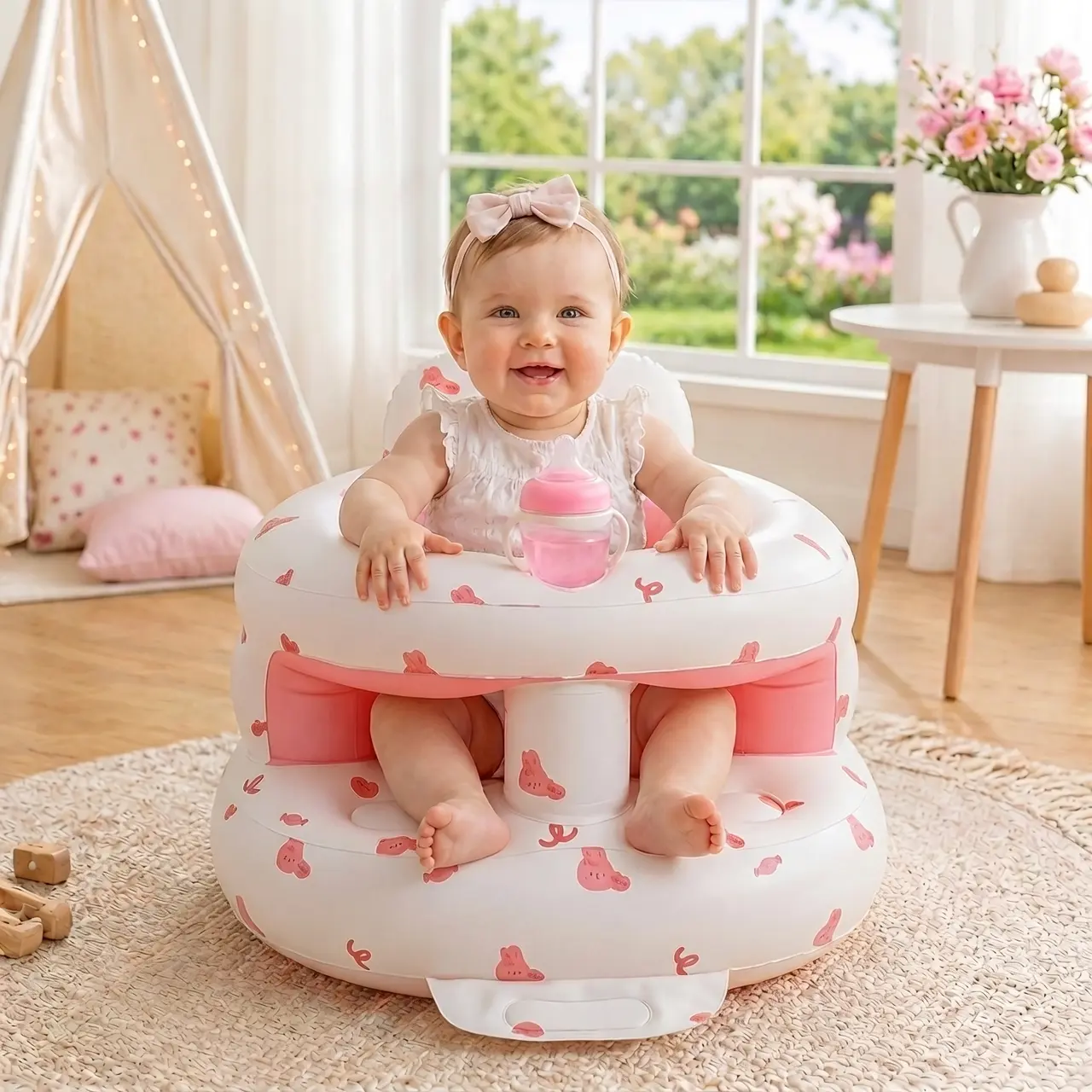 Inflatable Baby Sit-Me-Up Floor Chair - PVC Material with Built-in Air Pump, Full Enclosure Protection, for 3+ Months Toddlers
