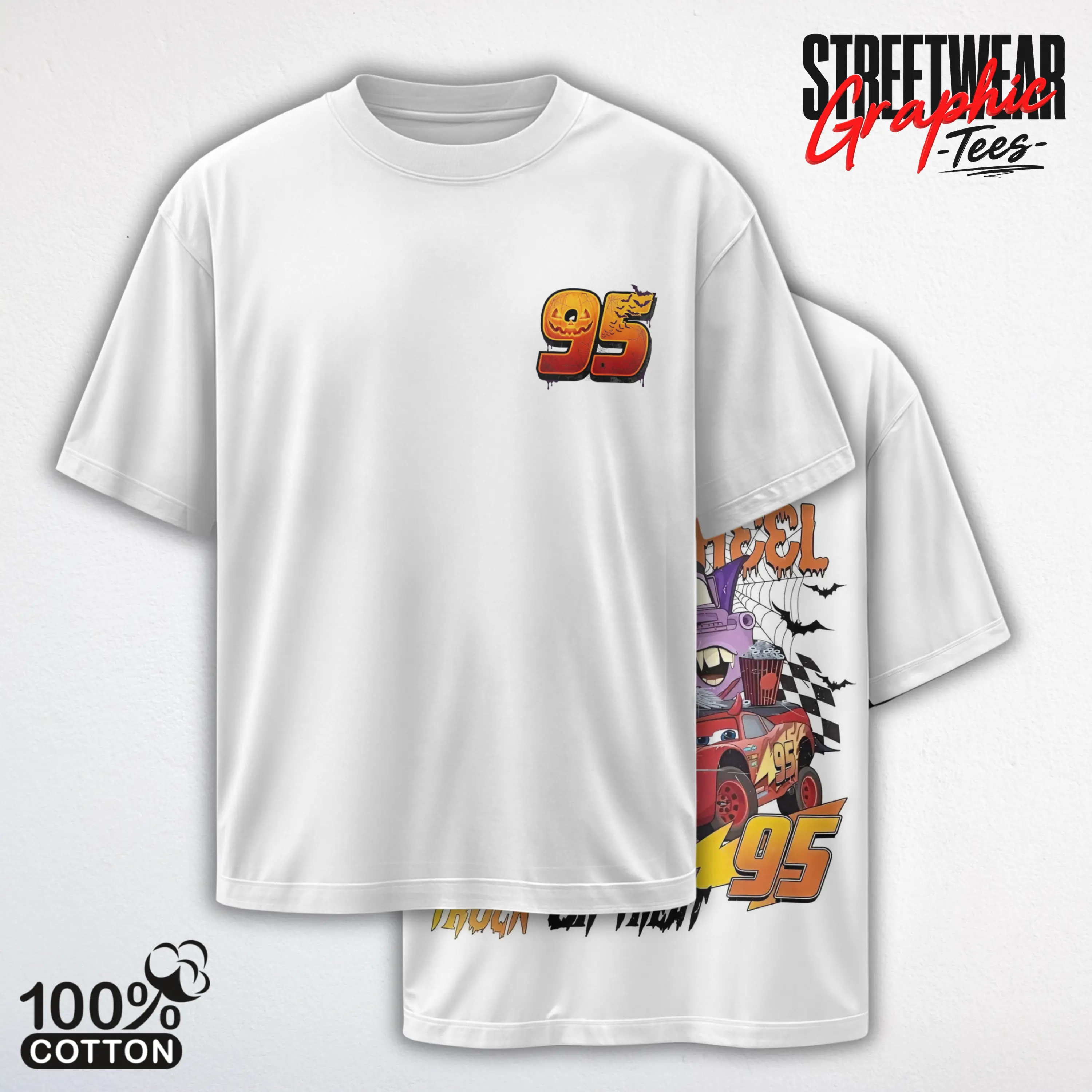 Retro Two Side Cars Movie T-Shirt, Mcqueen and Mater Halloween Retro Vintage Unisex Graphic Tee - Top Trendy Y2K Classic Streetwear Unisex Racing Style For Fans