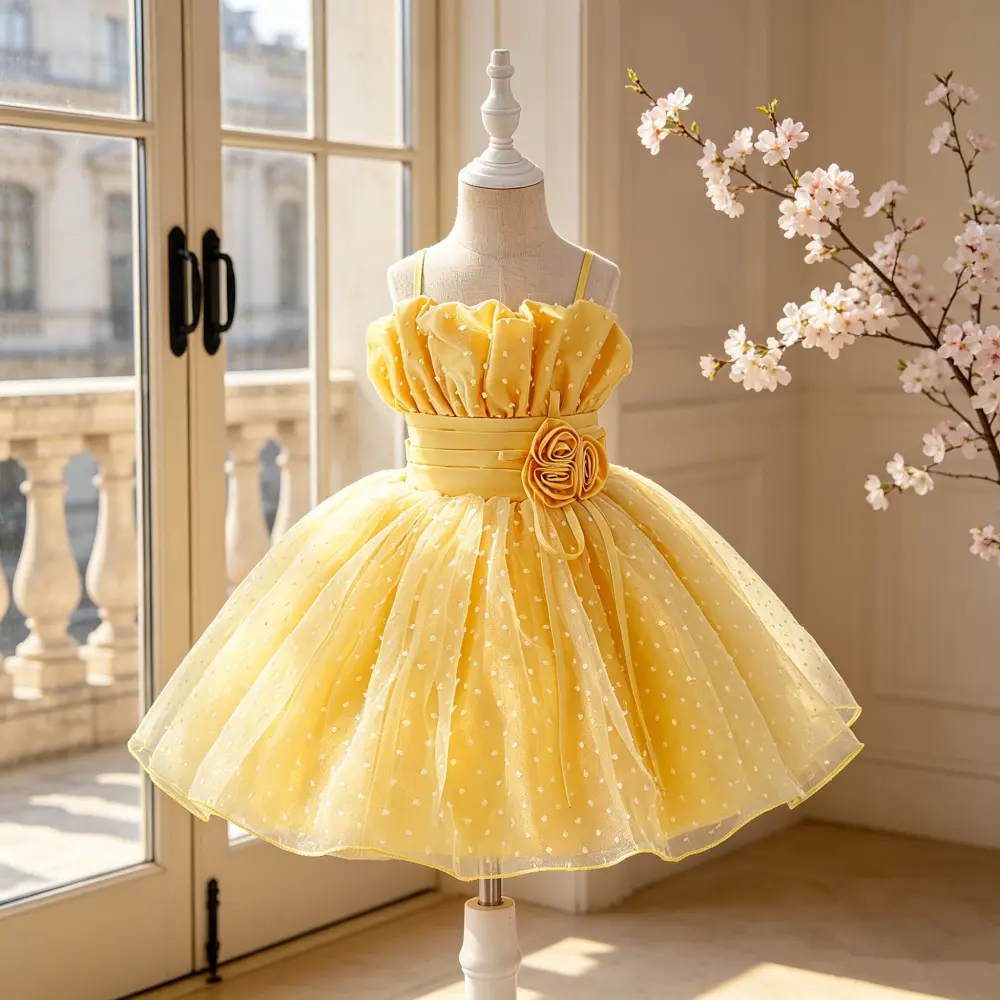 6152 Girls Floral Mesh Ball Gown Baptism Birthday Prom Party Elegant Wedding Princess Dress Piano Host Performance Evening Costume