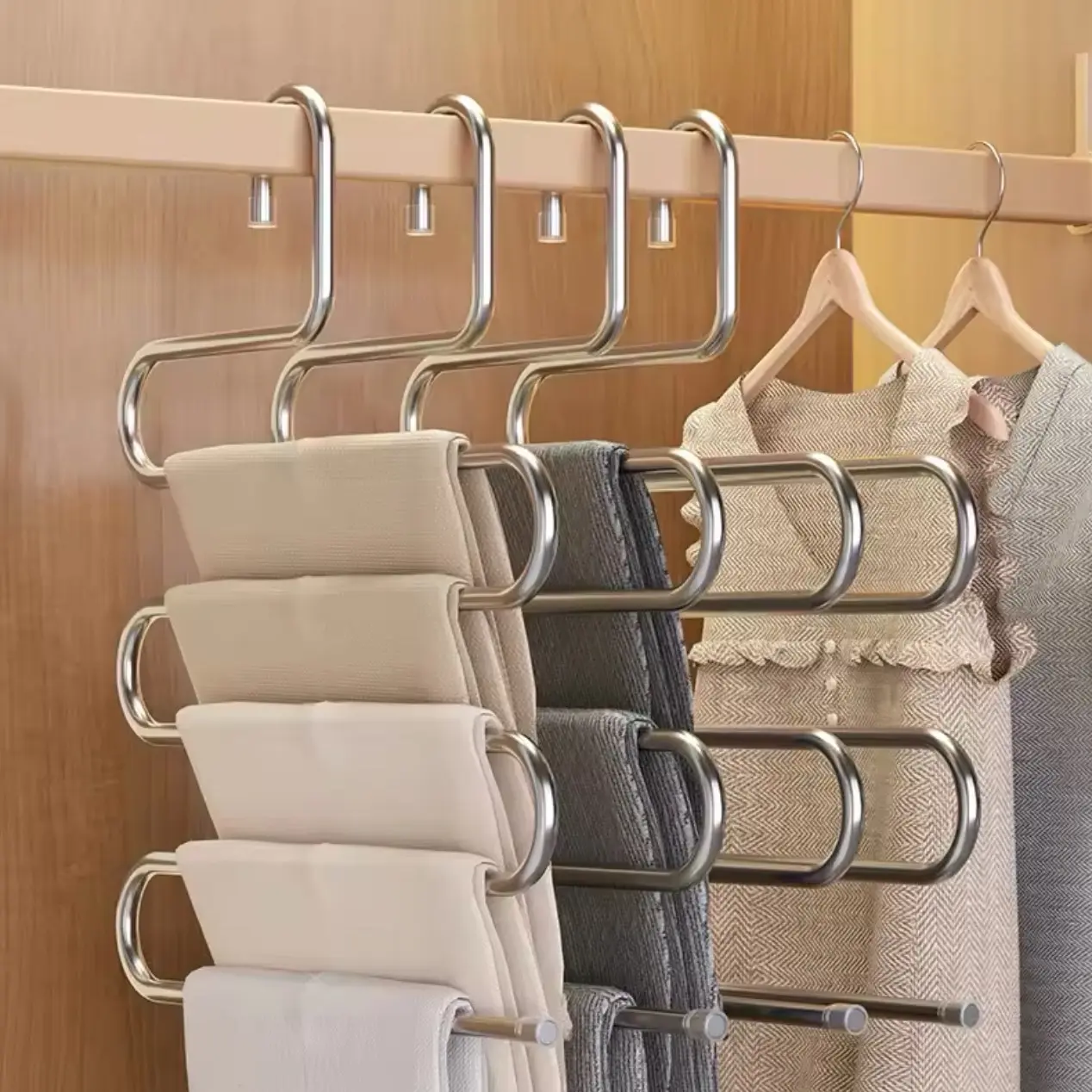 Stainless Steel Multifunctional Storage Hangers 3-Pc Set - 5-Layer Rotatable Space-Saving Scarf Hanger for Shawls, Yoga Pants, Wardrobe Organization, Hangers Space Saving