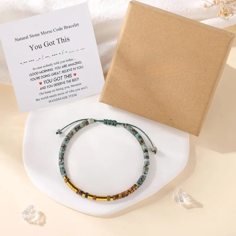 Women's Authentic Morse Code Bracelets - Handmade Look, Size Adjusts, Tiger Eye Stones, Turquoise Beads, Adjustable Buckle, Wrap Design, Secret Message Stone & Metal Jewelry, Layering Daily Accessory, Personal Gift (Valentine's, Birthday)