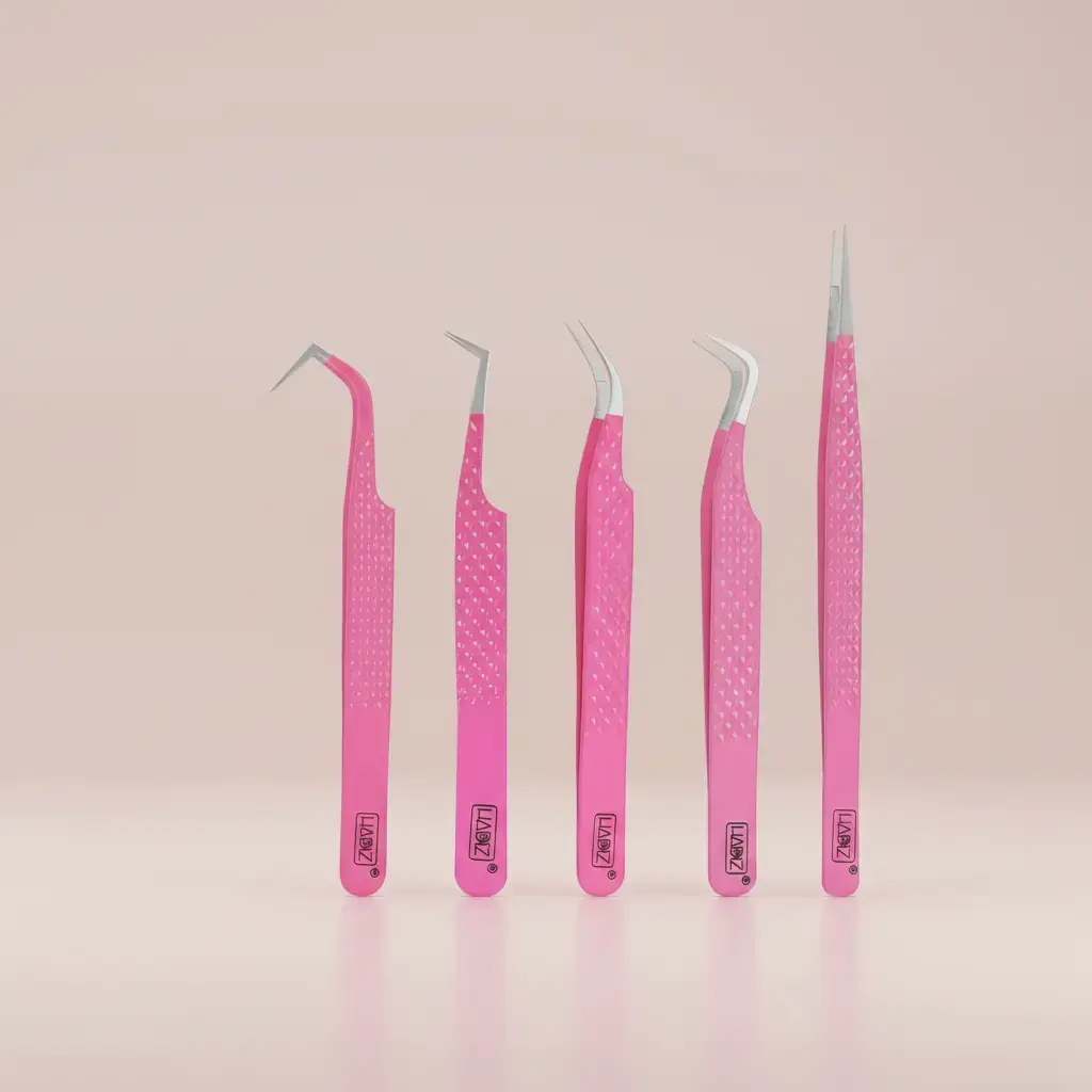 5Pcs Pink Durable Japanese Stainless Steel Eyelash Extension Tweezers Set - Precision Volume Isolation, Fiber Tip Tools for Lash Techs