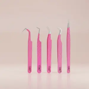 5Pcs Pink Durable Japanese Stainless Steel Eyelash Extension Tweezers Set - Precision Volume Isolation, Fiber Tip Tools for Lash Techs