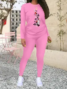 Women's Pattern Print Casual Sportswear Two-Piece Set, Fashionable Long Sleeve Top & Tight Pants, Fall & Winter, Sweatsuit Set, Athleisure Wear Set