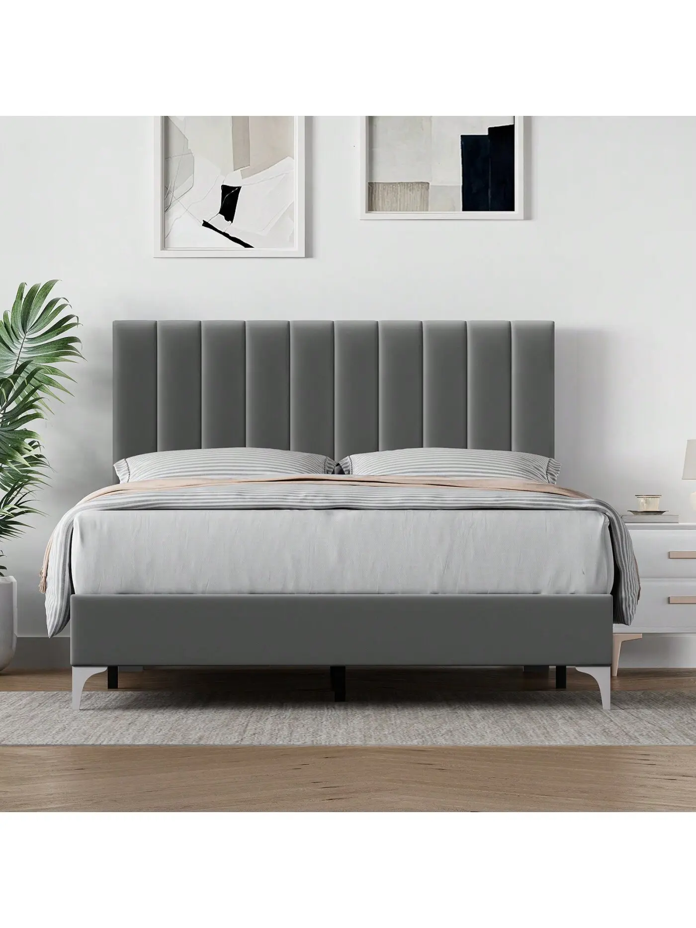Full/Queen Size Velvet Upholstered Modern Platform Bed Frame - Elegant Striped Bed Frame with Adjustable Headboard, Flexible Height Alignment, Wooden Slats Support, No Box Spring Needed, Silent, Easy Assembly Required, Grey, Elegant Bed Frames