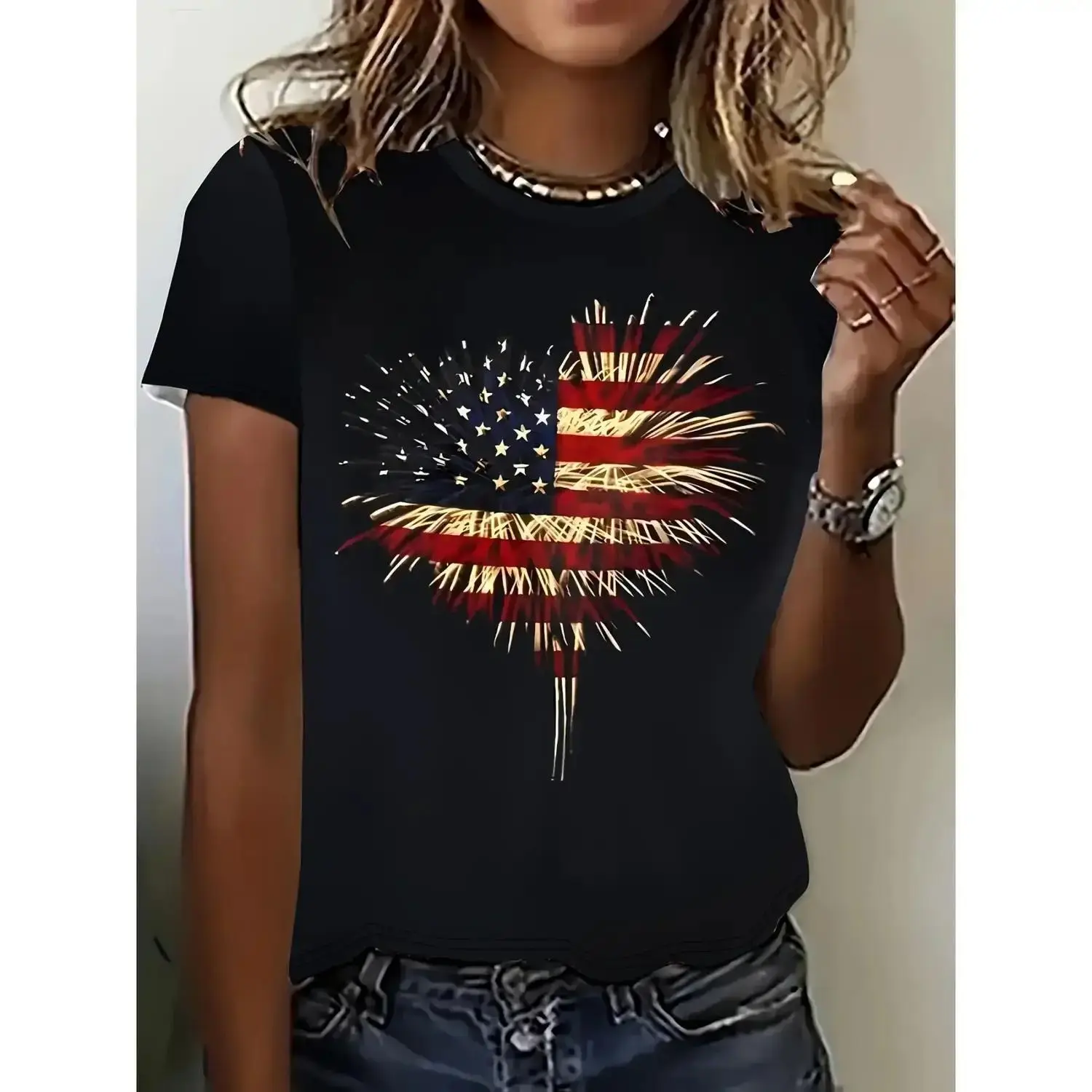 Women's Patriotic American Flag Print Casual Crew Neck Short Sleeve T-Shirt, Dark Color with Vibrant Stars and Stripes, Machine Washable Easy Care Fabric, All Season Comfort for 4th of July, Memorial Day