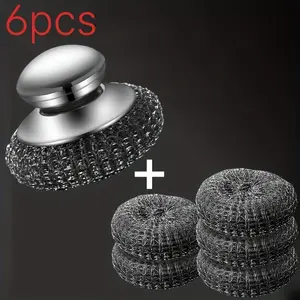 6-Piece Handle-Mounted Steel Wool Scrub Brush Set with 5 Replacement Balls; Dish and Pan Scrub Brush—Gentle on Cookware; Effectively Removes Stubborn Stains; Suitable for Cast Iron, Grills, Stoves, Sinks, and Cookware; A Must-Have for Every Home