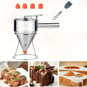 Stainless Steel Pancake Batter Dispenser with Squeeze Handle - 1200ml Leak-Proof Non-Electric Kitchen Tool for Funnel Cakes, Cupcakes,Candle Wax - Easy-Clean Design with 4 Orange Funnel Tips, Sturdy Construction,DIY Crafters
