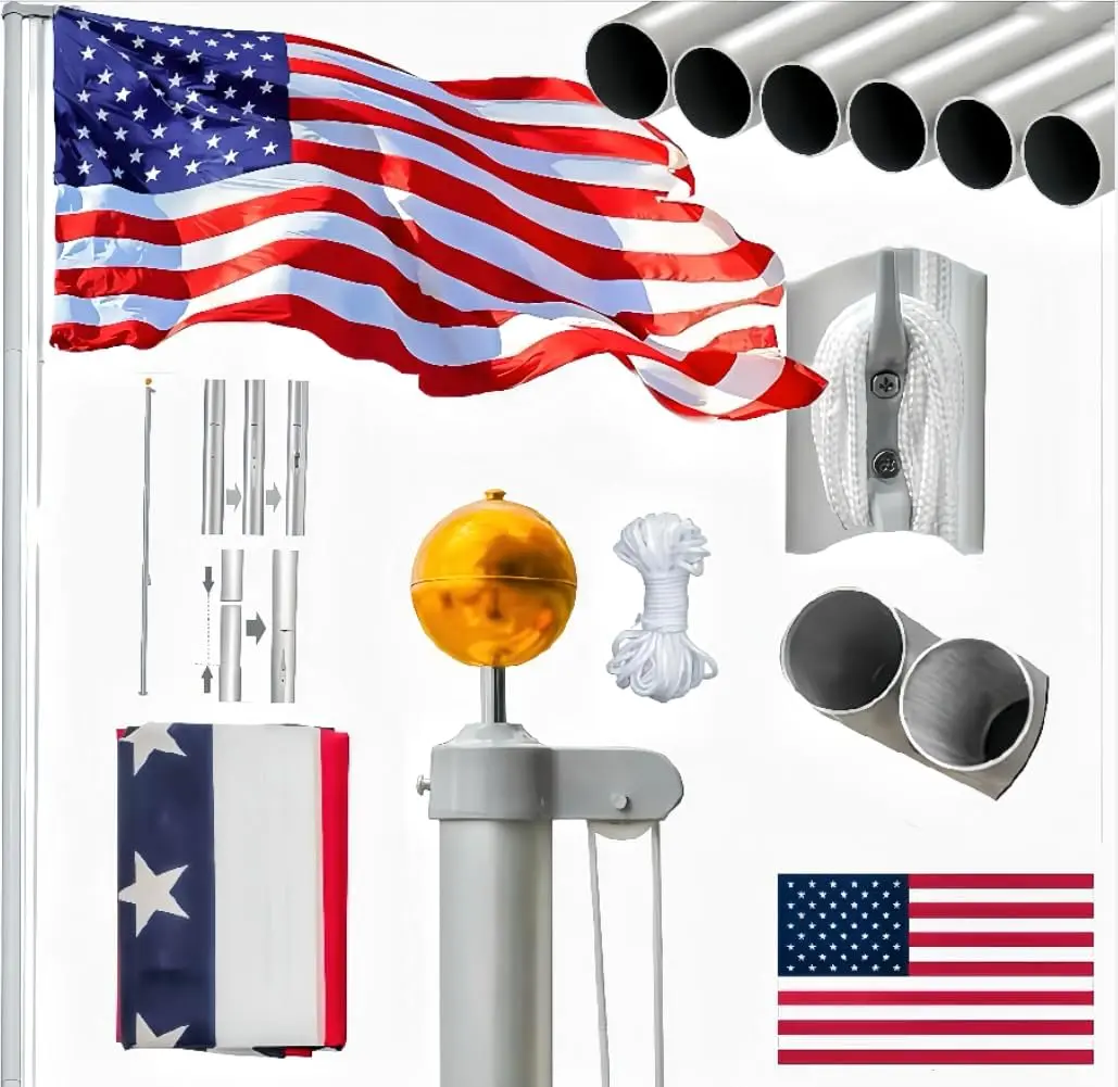 VINGLI Upgraded 20FT Sectional Aluminum Flagpole Kit, Thick Tube Halyard Pole with 27~33mph 3'x5' USA Flag, Golden Ball Top, Halyard Rope, PVC Sleeve, Garden Accessories for Outdoor Residential Gazebo, Outdoor Garden Accessories