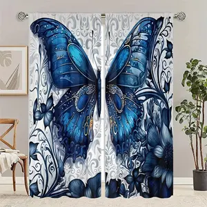 2pcs HD Digital Print Blue Butterfly Curtains, Polyester Material, Semi-Transparent Privacy Protection, Washable, Home Decor