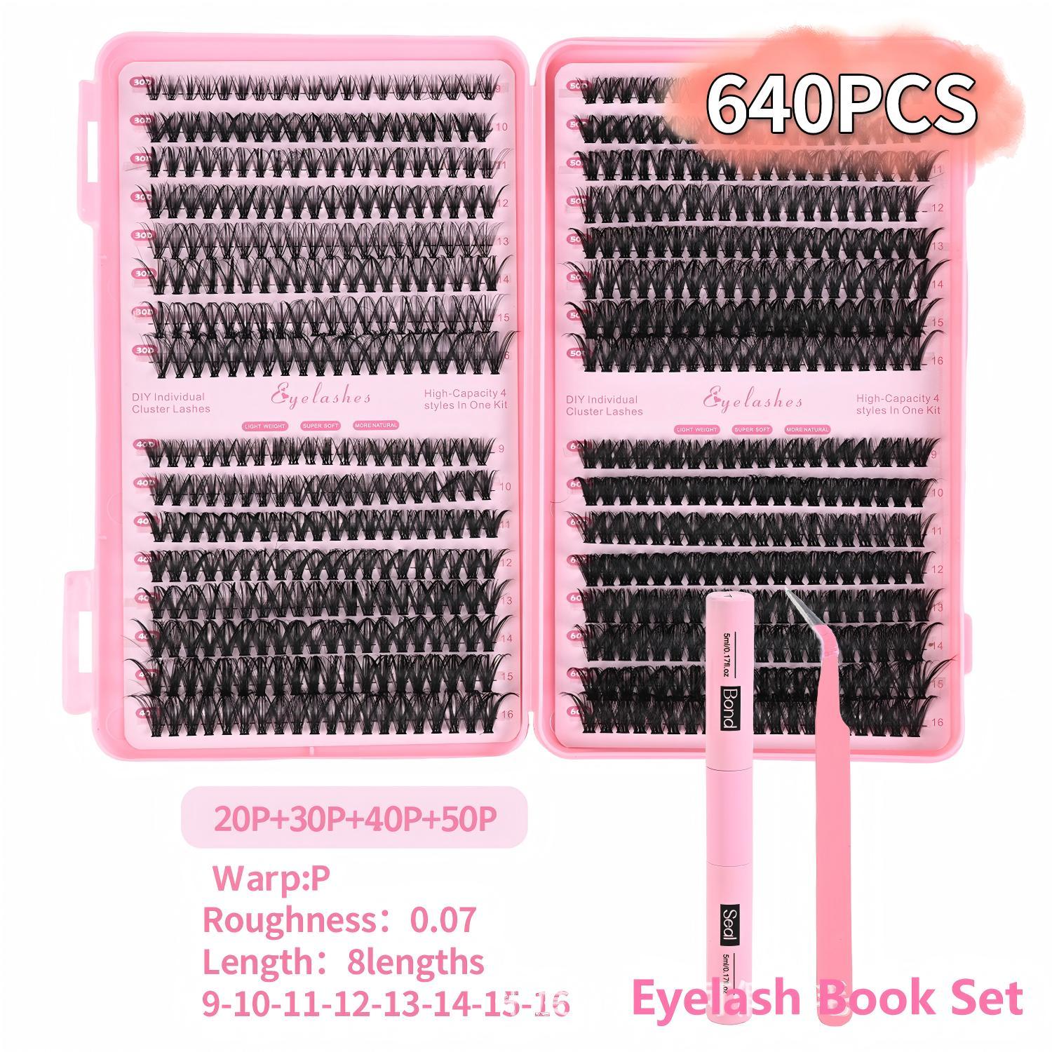 Mixed-length individual false eyelash set, natural makeup effect lash extension kit, includes lash tools, curled lash guide, classic lash extension look cat eye clusters