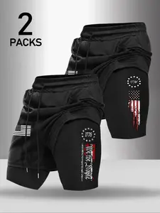 Men's Summer Fashion Faux Two-Piece Shorts, Flag Pattern Printed Drawstring Basketball Shorts Set of 2, Suitable for Summer Sports Short Pants, Streetwear Sports Shorts