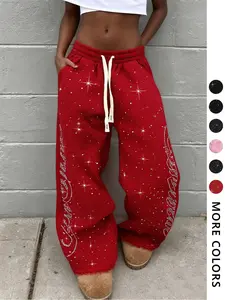 Unisex Rhinestone Fitted Casual Pants, Sparkling Diamond Decoration, Star Letter Design, Trendy Streetwear for Daily Wear, Bottom