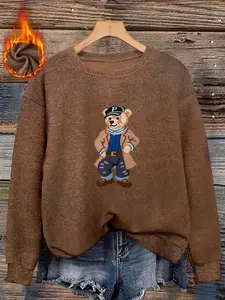 Thick Faux Fur Round Neck Top, Cool Gentleman Bear Embroidery, Soft Skin-Friendly Warm Slimming, Casual Loose Fit for Fall & Winter Fitted