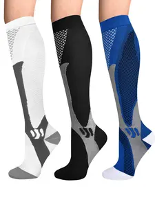 3 Prs Per Pack Knee High Elastic Compression Socks (20-30mmHg), Breathable Fabric for Boosted Blood Circulation & Muscle Support, Perfect for Running, Cycling, Travel, Standing Work Football & All Sports Activities