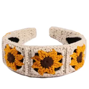 Women's Crochet Hairband, Handmade Sunflower and Plaid Hair Accessory, Stretchable Bohemian Headband (, Sunflower Color)