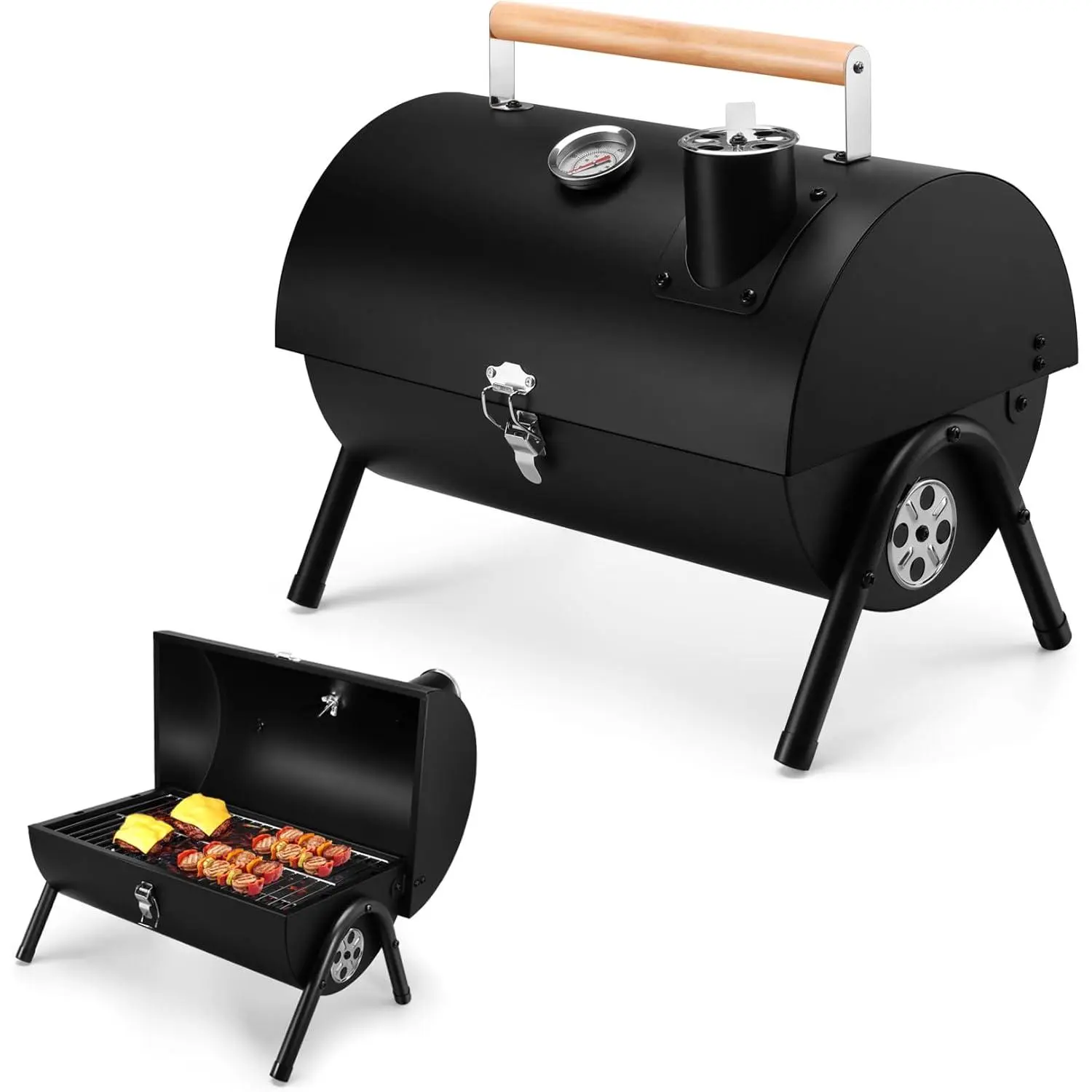 Round Charcoal Barbecue Grill - 13.5in x 8.8in Sturdy Portable Open Flame Grill with Thermometer, Stainless Steel Rack, Extra Thick Heavy-Duty Tabletop Design, Vent Temp Adjust, Easy Assembly for Outdoor Camping, Backyard Steak Cooking