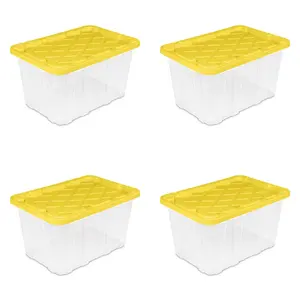 Large Storage Bin, 27 Gallon Durable Plastic Storage Tote with Snap-On Lid, Black and Yellow, 4 Pack