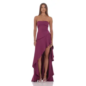 Lucy In The Sky Satin High Low Maxi Dress in Plum