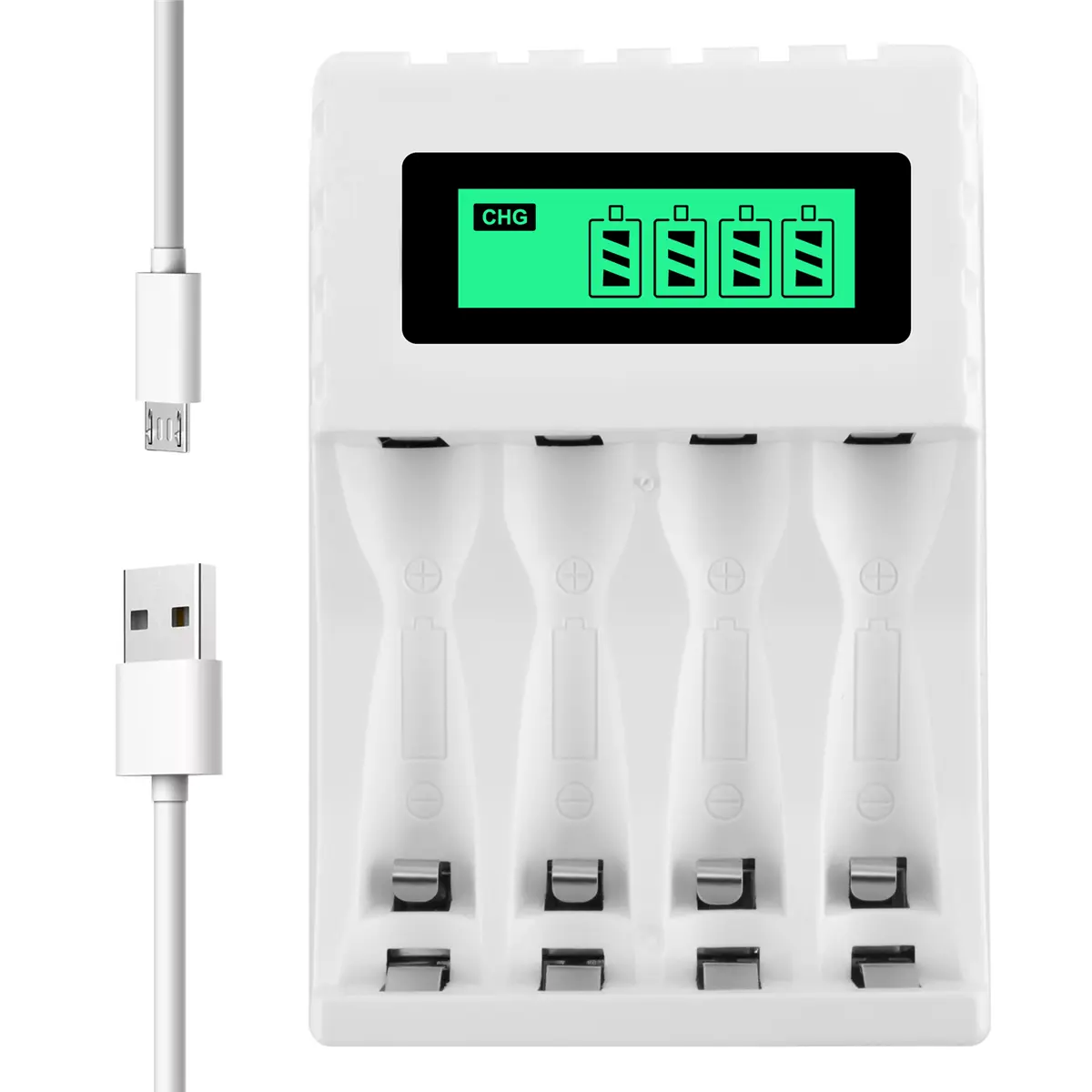 4-Slot Smart LCD Display Charger for AA/AAA NiMh/Nickel Cadmium Rechargeable Batteries, USB Port, Phone Charging Function, Included USB Power Adapter