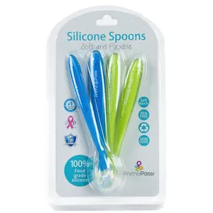 Primo Passi Silicone Baby Spoon Set | Soft-Tip Easy on Gums I Training Spoon | Baby Utensils Feeding Supplies - Pack of 4, Blue/Green