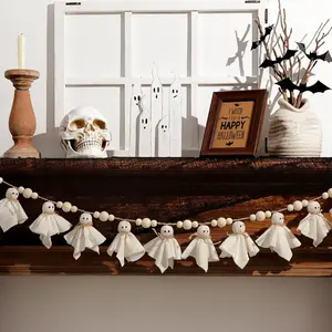 7Ft Cute Halloween Ghost Garland with Wooden Beads Handmade Rustic Banner for Wall Home Indoor Outdoor Spring Decor White Ornaments Decoration