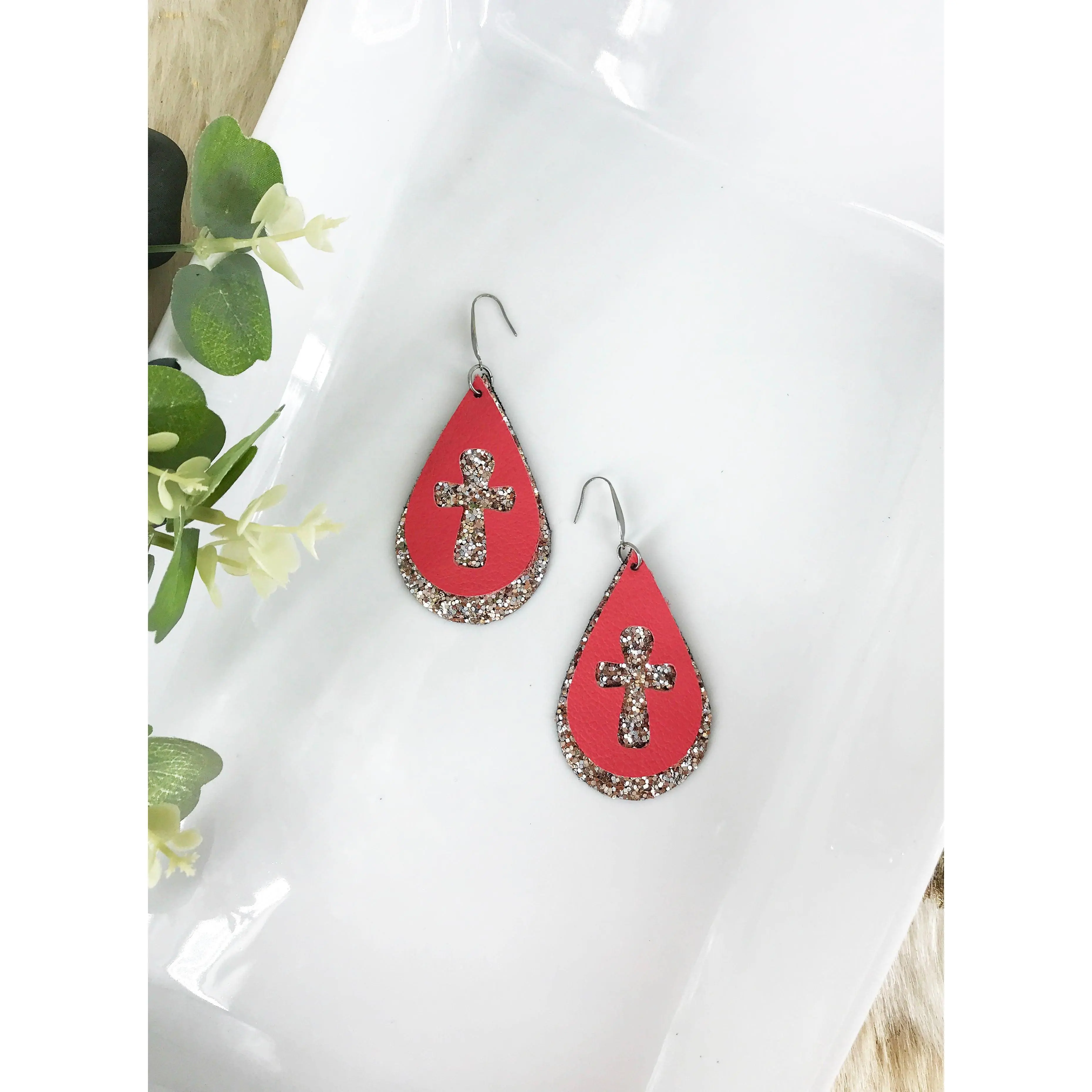 Coral Genuine Leather and Chunky Glitter Cross Earrings - E19-752